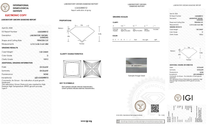 Majestic 1,50 CT Princess Lab Grown Diamond - Certifié IGI, clarté VVS2, couleur D