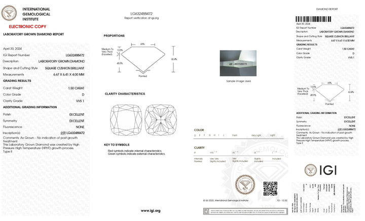 IGI Certified 1.50 CT Cushion Cut Lab-Grown Diamond - D Color, VVS1 Clarity