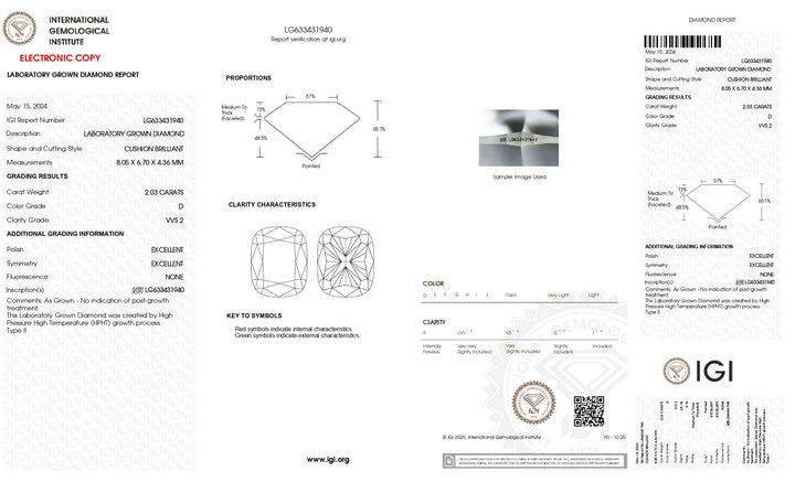 Diamante cultivado en laboratorio de talla cojín larga HPHT de 2,03 quilates con certificación IGI: color VVS2 D