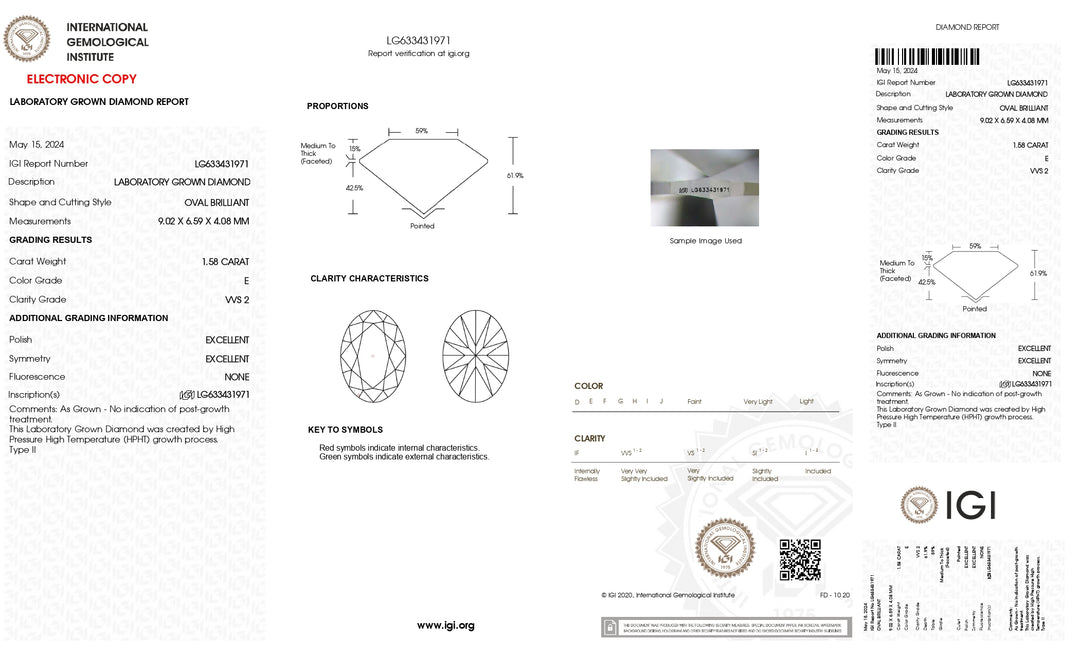 IGI Certified 1.58 CT Oval Cut Lab-Grown Diamond - VVS2 Clarity, E Color, HPHT