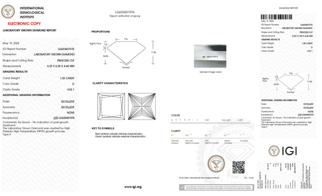 IGI Certified 1.55 CT Princess Cut Lab Grown Diamond - VVS1 Clarity, D Color