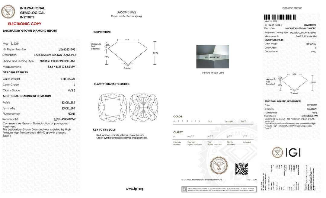 IGI Certified 1.00 CT Cushion Cut Lab-Grown Diamond - VVS2 Clarity, E Color