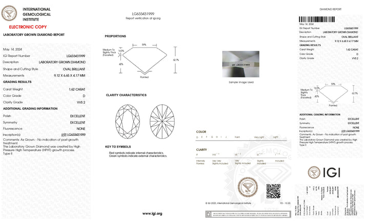 1.62 CT Oval Cut Lab Grown Diamond - IGI Certified, VVS2 Clarity, D Color