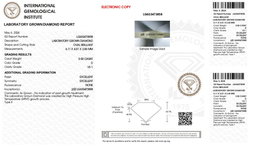 Radiant 0.50 CT Oval Lab Grown Diamond - IGI Certified, Alluring VS1 Clarity, Dazzling D Color