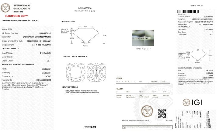 Diamant cultivé en laboratoire certifié IGI 4,10 CT taille coussin - Clarté VS1, couleur F