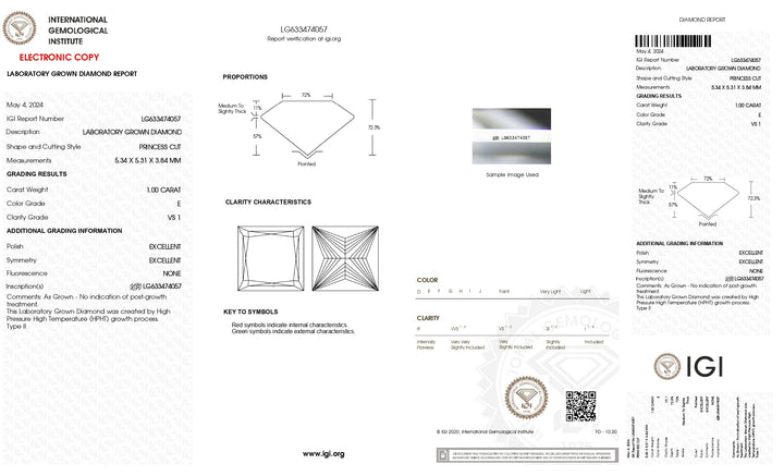 Diamant cultivé en laboratoire certifié IGI 1,00 CT taille princesse - couleur E, qualité de clarté VS1