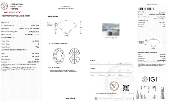 IGI Certified 1.60 CT Oval HPHT Lab-Grown Diamond – D Color, VVS2 Clarity, Excellent Cut