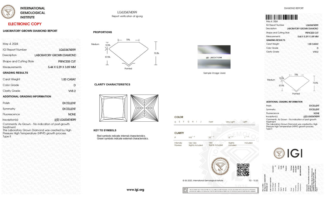 Diamant exquis cultivé en laboratoire Princess 1,00 CT - Certifié IGI, clarté VVS2, couleur D