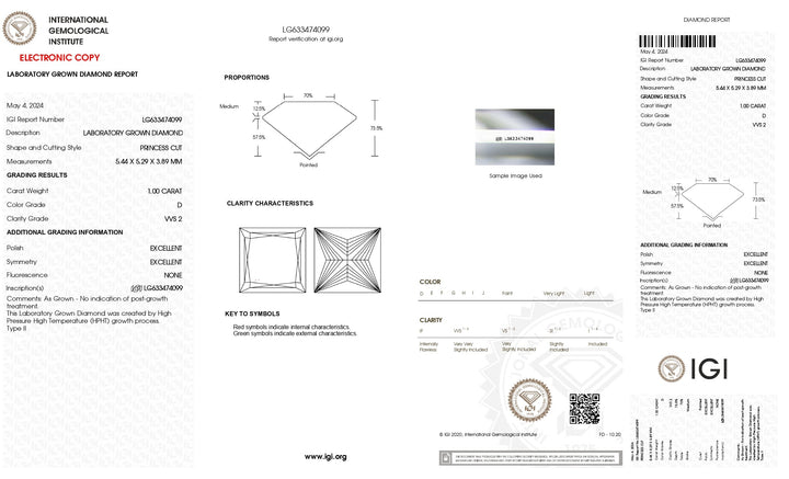 Diamant exquis cultivé en laboratoire Princess 1,00 CT - Certifié IGI, clarté VVS2, couleur D