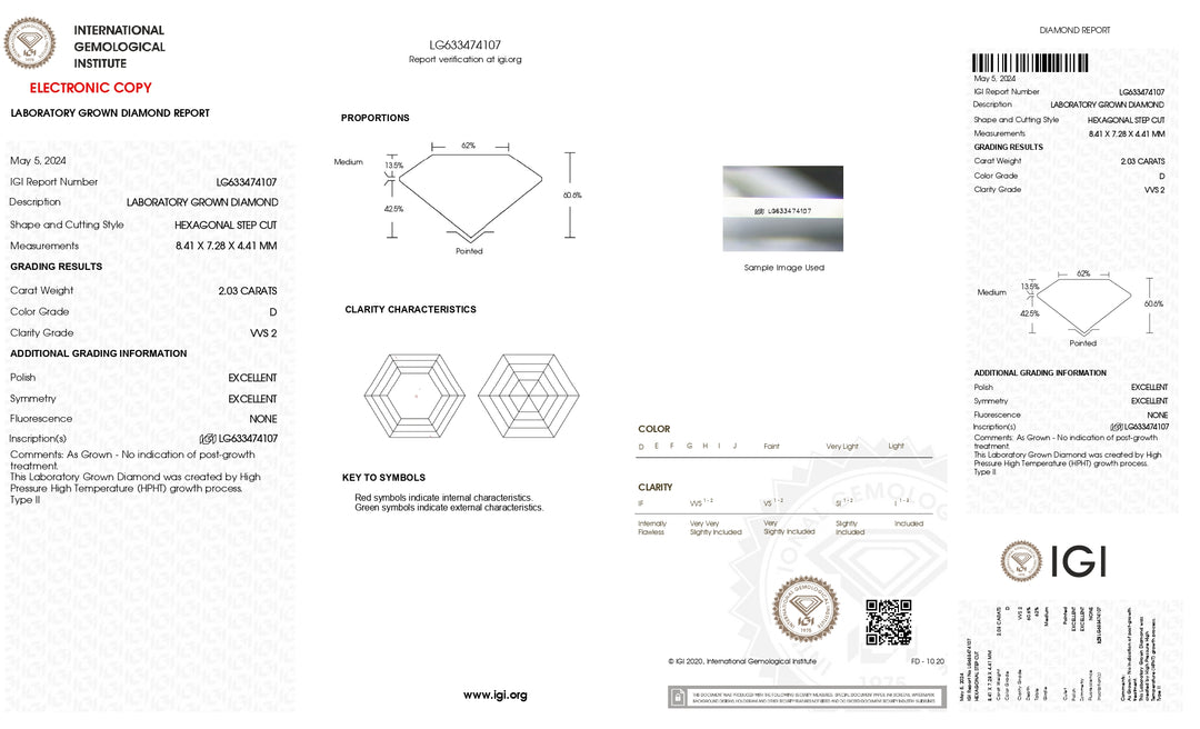 Diamant cultivé en laboratoire de 2,03 carats de taille hexagonale certifié IGI - VVS2, couleur D