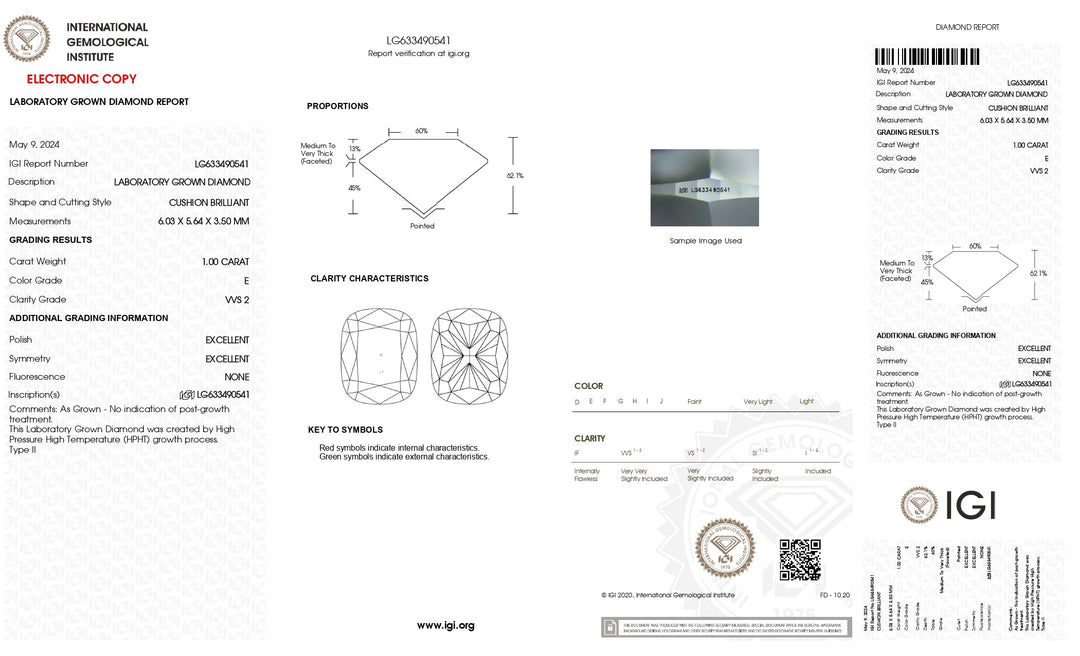 IGI Certified 1.00 CT Cushion Cut Lab-Grown Diamond - E Color, VVS2 Clarity