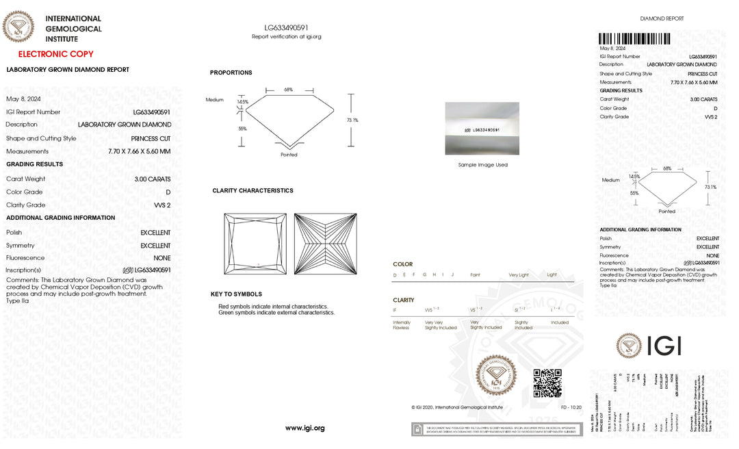 IGI Certified 3.00 CT Princess Cut Lab-Grown Diamond - D Color, VVS2 Clarity