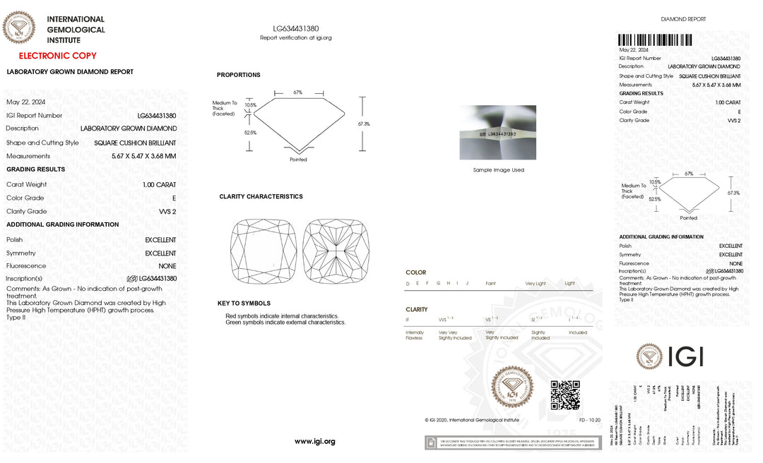 IGI Certified 1.00 CT Cushion Lab-Grown Diamond - E Color, VVS2 Clarity, Excellent Cut