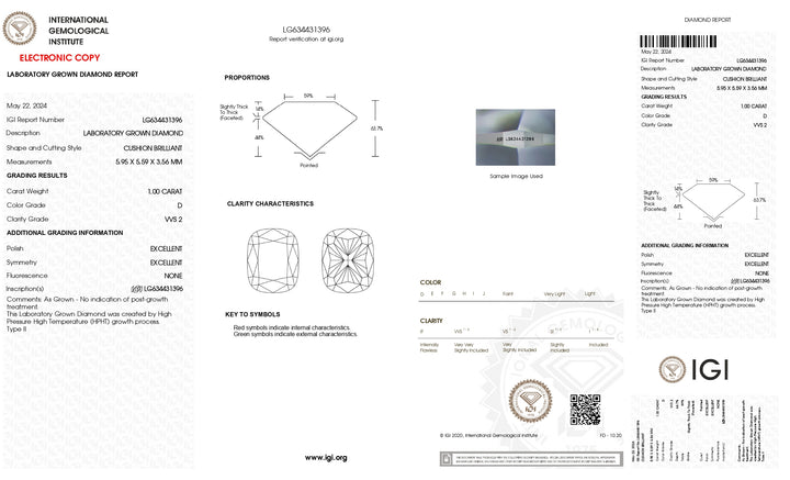 IGI Certified 1.00 CT Cushion-Cut Lab-Grown Diamond - VVS2 Clarity, D Color