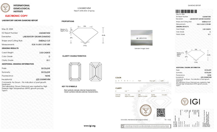 IGI Certified 2.00 CT Emerald Cut Lab-Grown Diamond, D Color, VS1 Clarity