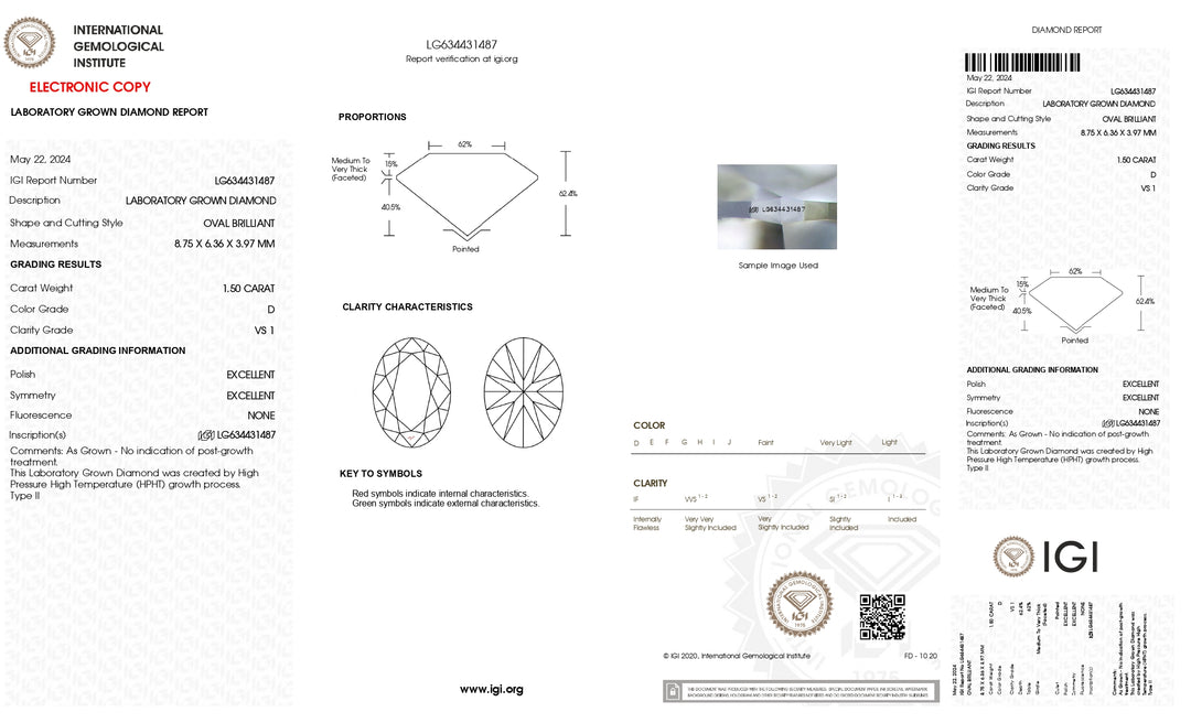 IGI Certified 1.50 CT Oval Cut Lab-Grown Diamond - D Color, VS1 Clarity, HPHT Process