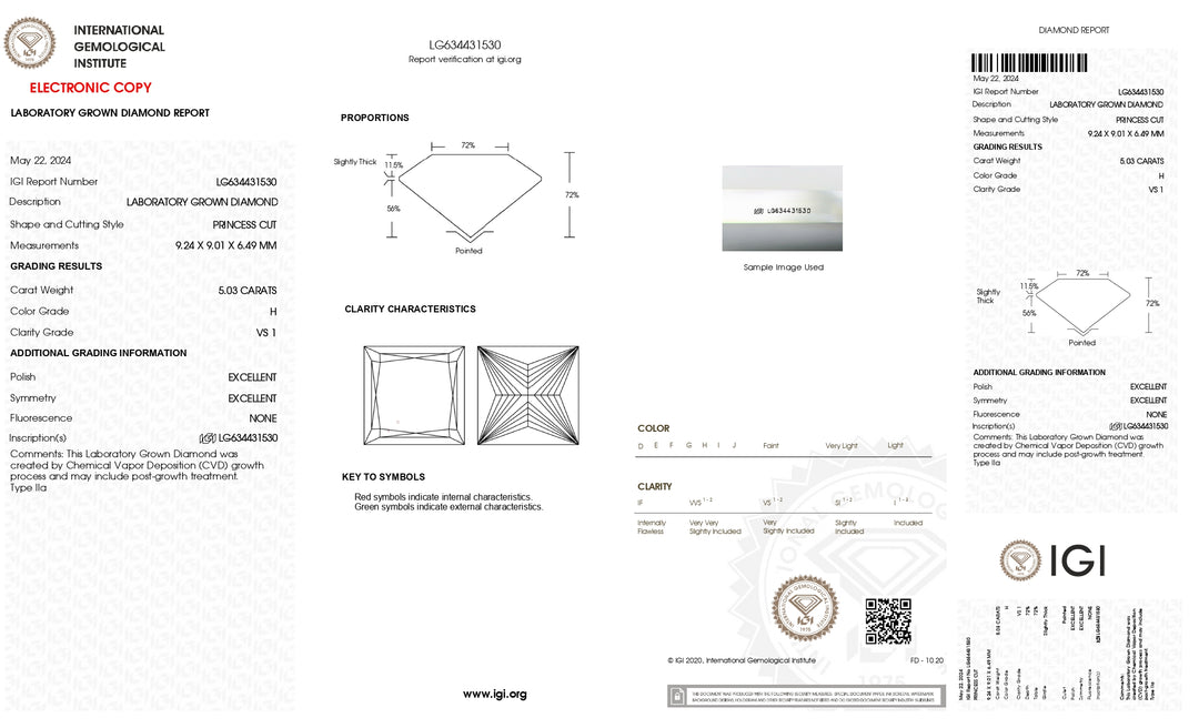 IGI Certified 5.03 CT Princess Cut Lab-Grown Diamond - VS1 Clarity, H Color