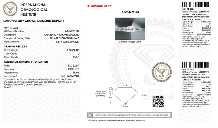 IGI Certified 0.50 CT Cushion Cut Lab Grown Diamond - D Color, VVS1 Clarity