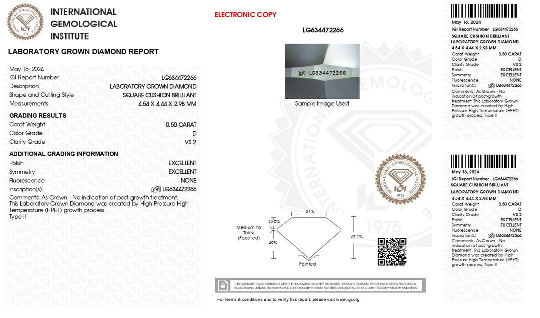 IGI Certified 0.50 CT Cushion Cut Lab Grown Diamond - D Color, VS2 Clarity