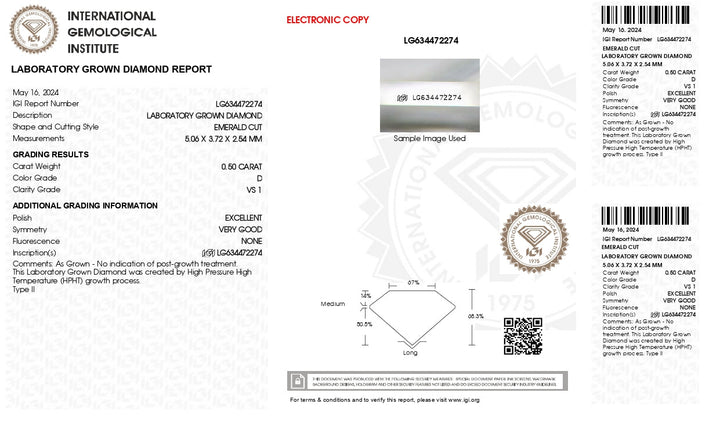 IGI Certified 0.50 CT Emerald Cut Lab-Grown Diamond - D Color, VS1 Clarity