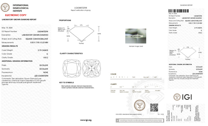 IGI Certified 2.79 CT Cushion-Cut Lab-Grown Diamond - VVS2 Clarity, G Color