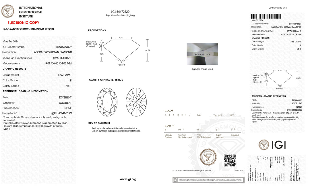 IGI Certified 1.56 CT Oval Cut Lab-Grown Diamond | F Color, VS1 Clarity, HPHT