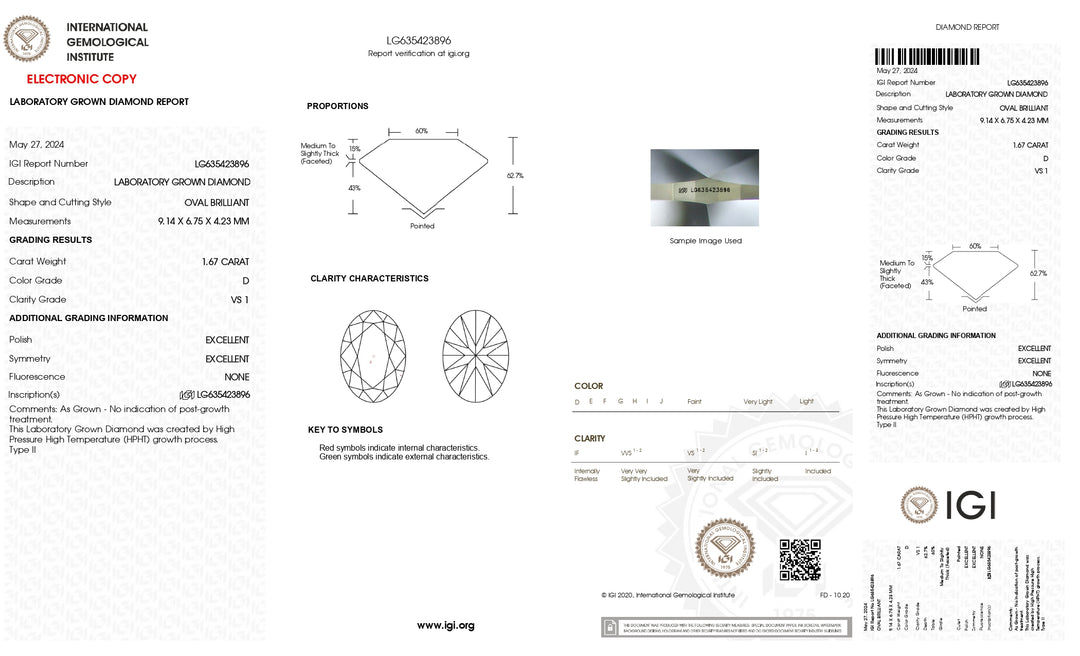 IGI Certified 1.67 CT Oval Cut Lab-Grown Diamond - VS1 Clarity, D Color