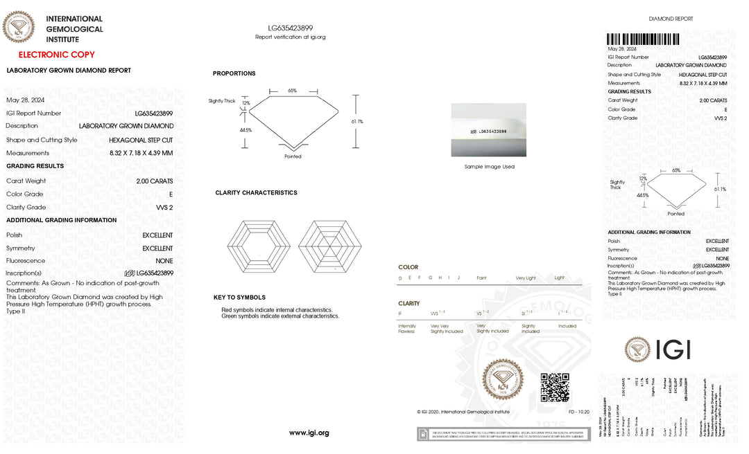 IGI Certified VVS2 Clarity 2.00 CT E Color Hexagonal Cut Lab-Grown Diamond