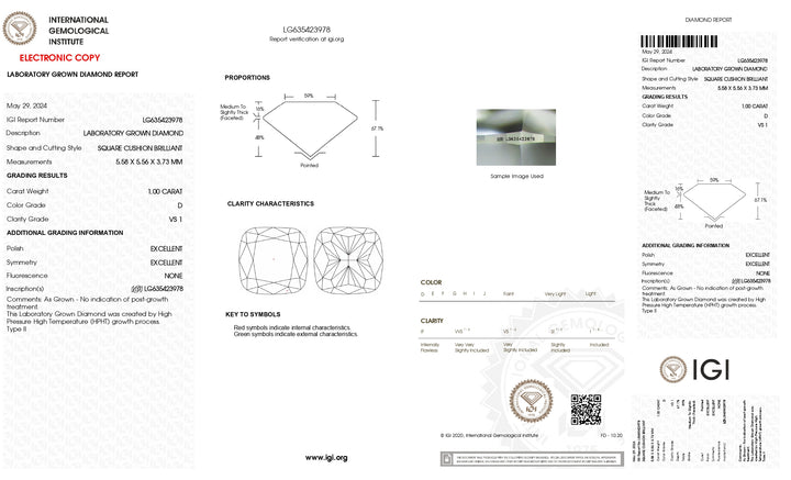 IGI Certified 1.00 CT Cushion Lab-Grown Diamond - D Color, VS1 Clarity, Excellent Cut & Polish