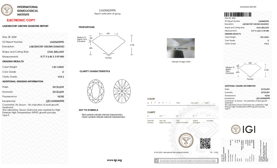 IGI Certified 1.50 CT Oval Cut Lab-Grown Diamond - VVS2 Clarity, D Color, Excellent Polish