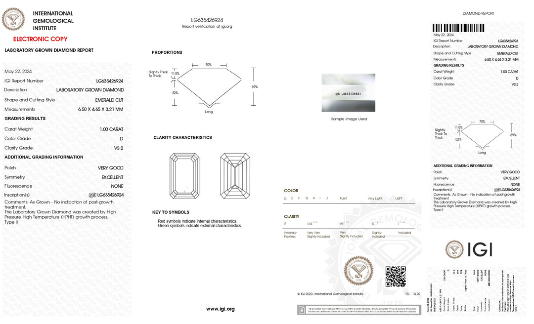 Diamant de culture en laboratoire de taille émeraude de couleur D de 1,00 ct - Certifié IGI, pureté VS2