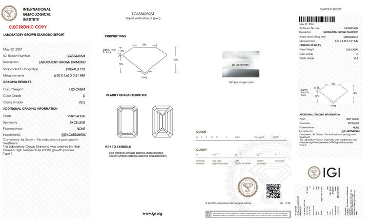 Diamant de culture en laboratoire de taille émeraude de couleur D de 1,00 ct - Certifié IGI, pureté VS2