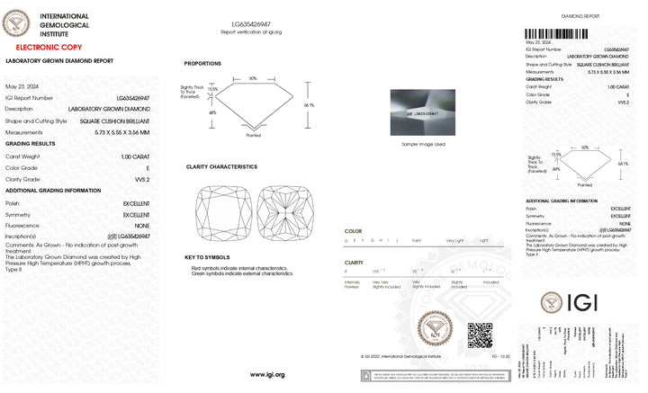 IGI Certified 1.00 CT Cushion-Cut Lab-Grown Diamond - VVS2 Clarity, E Color