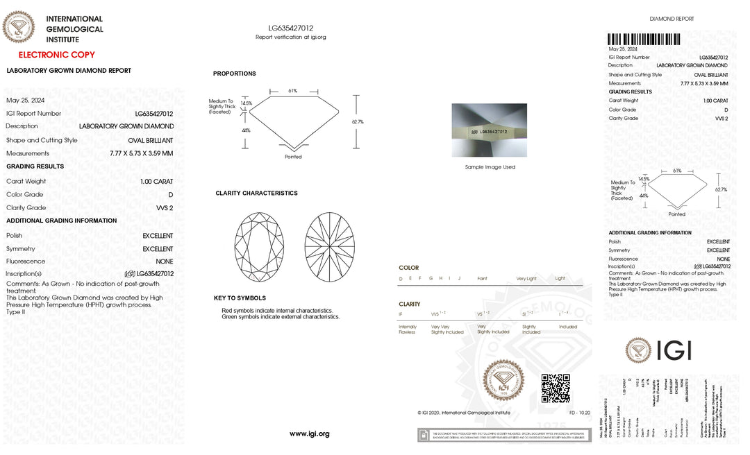 1.00 CT Oval Cut Lab-Grown Diamond, IGI Certified, E Color, VVS2 Clarity, Excellent Polish