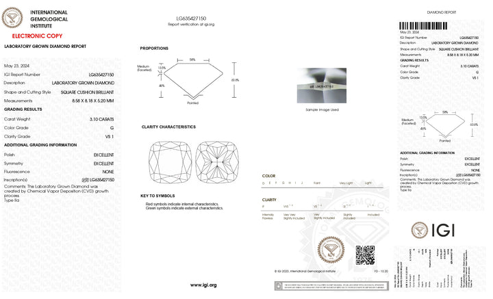 IGI Certified 3.10 CT Cushion-Cut Lab-Grown Diamond - G Color, VS1 Clarity