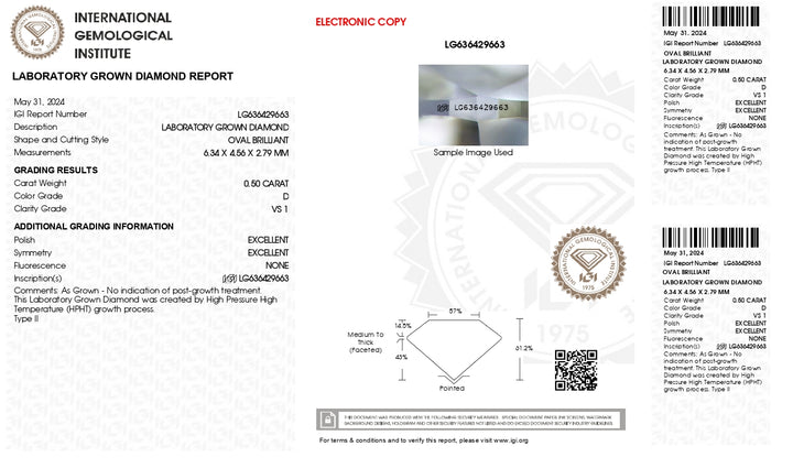 IGI Certified 0.50 Carat D Color Oval Cut Lab-Grown Diamond (VS1 Clarity)