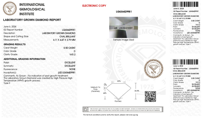 0.50 CT Oval Cut Lab-Grown Diamond, IGI Certified, D Color, VVS2 Clarity