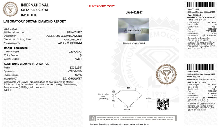 IGI Certified 0.50 CT Oval Cut Lab-Grown Diamond - D Color, VVS1 Clarity (HPHT Technology)