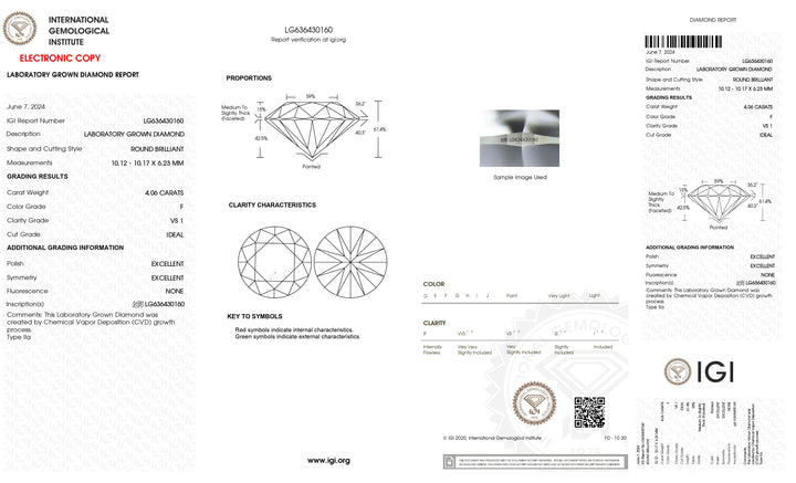 4.06 CT IGI Certified Round Cut Lab Grown Diamond - VS1 Clarity, F Color