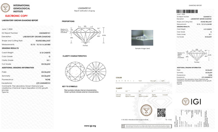 4.10 CT IGI Certified Round Cut Lab Grown Diamond - VS1 Clarity, G Color