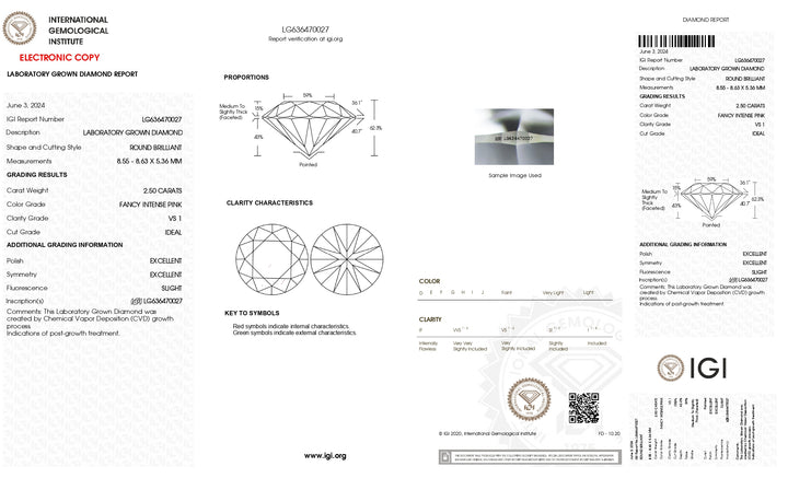 Diamant cultivé en laboratoire de 2,50 ct certifié IGI - Clarté VS1, rose intense fantaisie