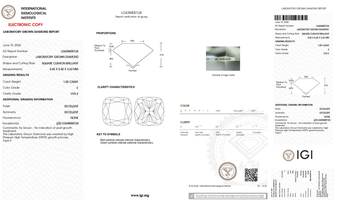 IGI Certified 1.00 CT Cushion-Cut Lab-Grown Diamond - VVS2 Clarity, E Color, Excellent Polish