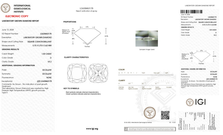 IGI Certified 1.00 CT Cushion Lab-Grown Diamond - D Color, VS2 Clarity, Excellent Cut