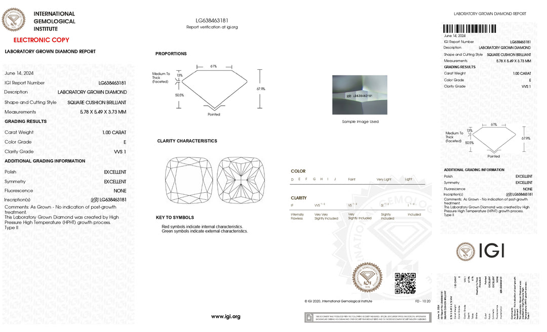 Diamante cultivado en laboratorio de 1,00 quilates con certificación IGI, color E, claridad VVS1, corte excelente