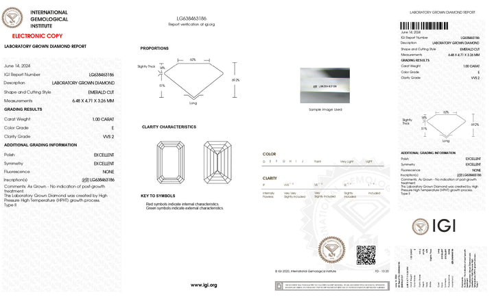 1.00 CT E Color Emerald Cut Lab-Grown Diamond - IGI Certified, VVS2 Clarity