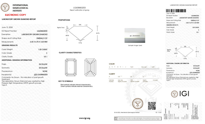 Diamant de culture en laboratoire de taille émeraude de couleur E de 1,00 ct - Certifié IGI, pureté VS1