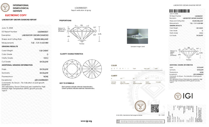 1.50 CT Round Cut Lab-Grown Diamond - IGI Certified, D Color, VVS2 Clarity, Ideal Cut