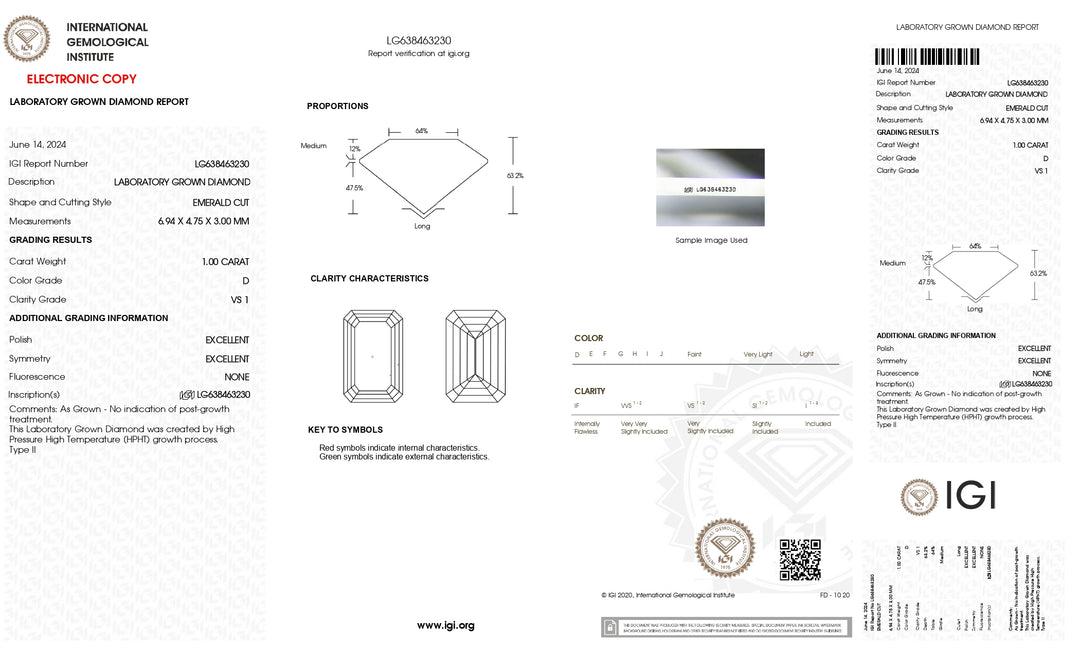 1.00 CT D Color Emerald Cut Lab-Grown Diamond - IGI Certified, VS1 Clarity