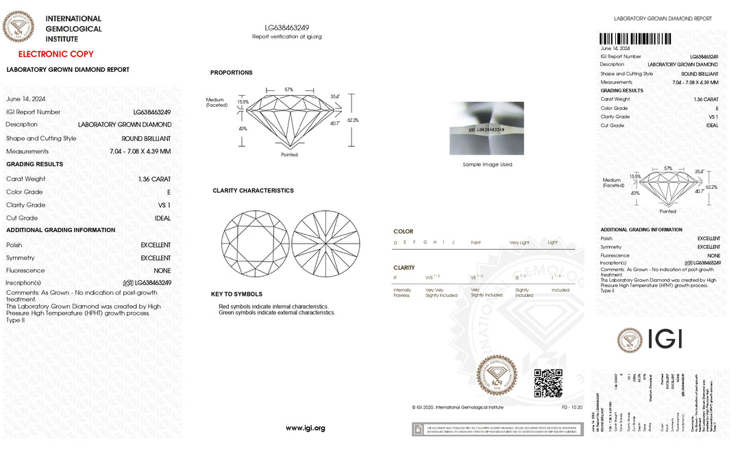 IGI Certified 1.36 CT Round Cut Lab-Grown Diamond - VS1 Clarity, E Color