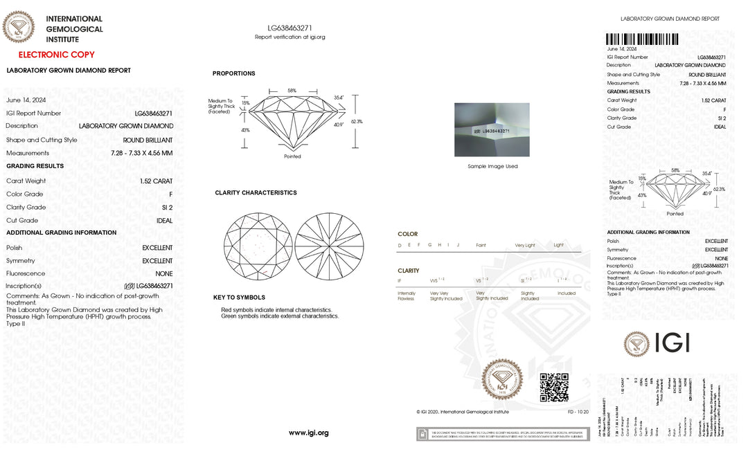 Diamant rond cultivé en laboratoire certifié IGI de 1,52 ct – Couleur F, pureté SI2, excellente taille